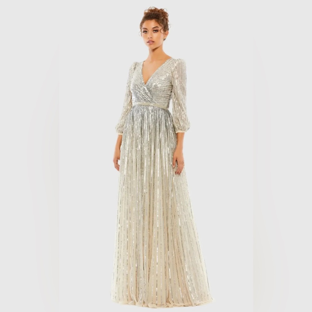 MAC DUGGAL 5509 Silver and Beige Sequined Wrap Over 3/4 Sleeve Gown SIZE 14